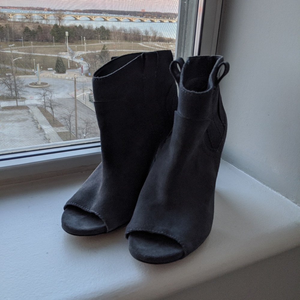 Blue Suede Peep Toe Booties - 10